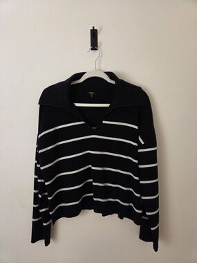 Express Black & White Striped Collared V-Neck Sweater